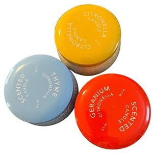 Lot Of 3 Scented Citronella Candles 3.5 oz - Round Tin with Lid, geranium thyme